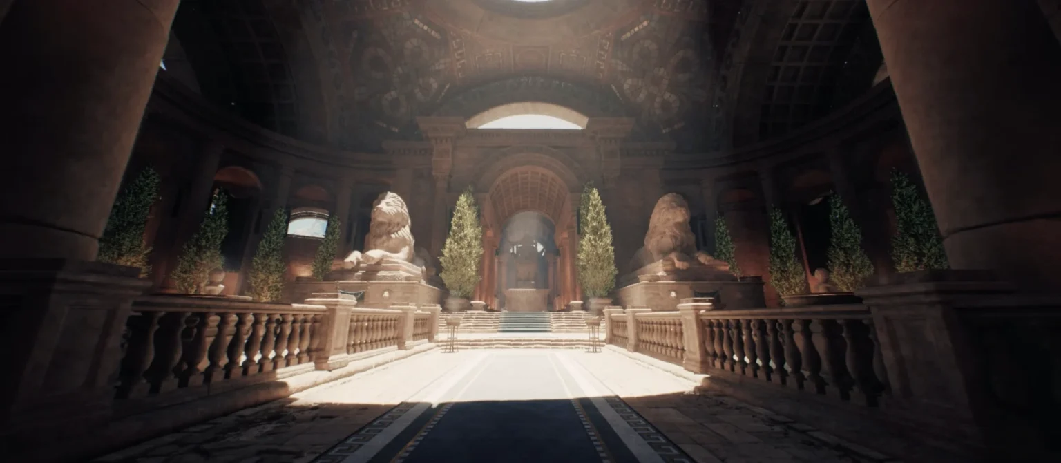 Render wnętrza wirtualnego pałacu króla Dawida – immersyjna projekcja sceniczna, Księga Raju, Rewir Studio